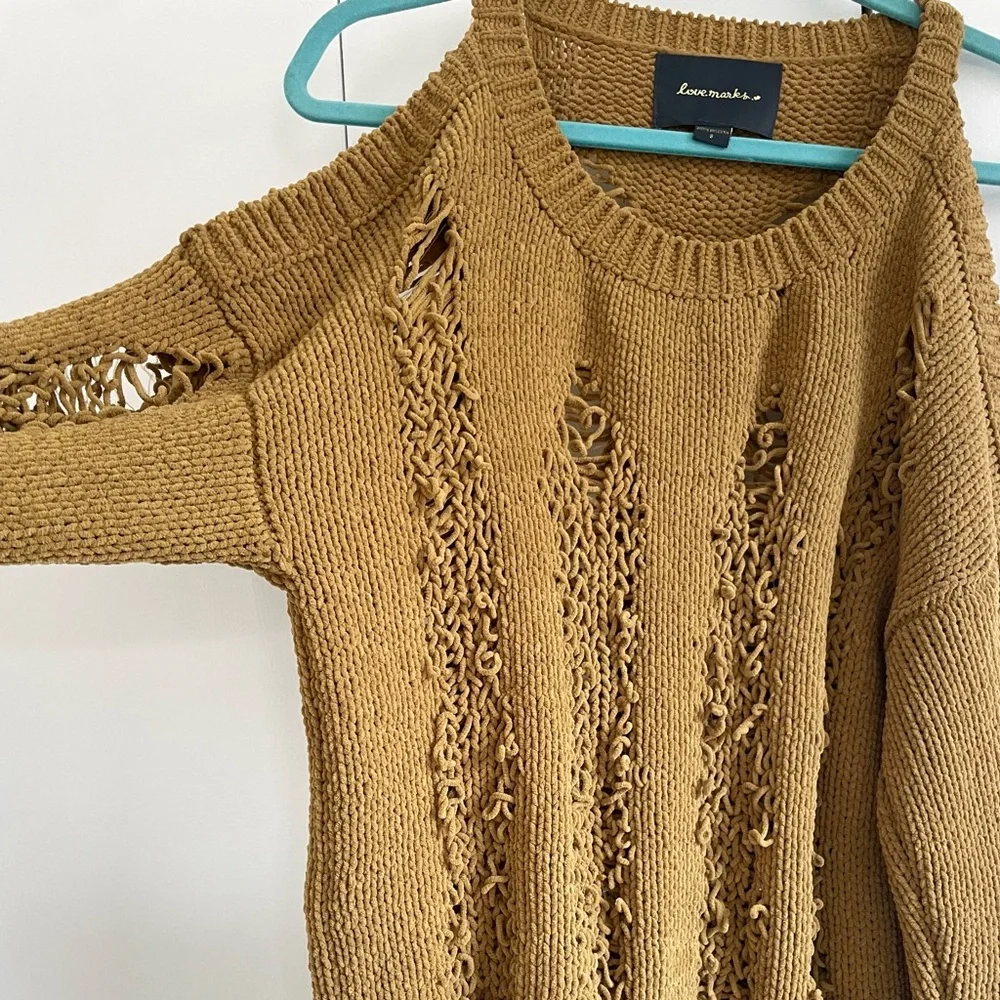 Love Marks Distressed Cold Shoulder Sweater in Mustard Yellow Size Small